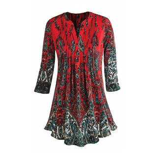 Women's Tunic Top - Pleated Paisley 3/4 Sleeve Printed Blouse