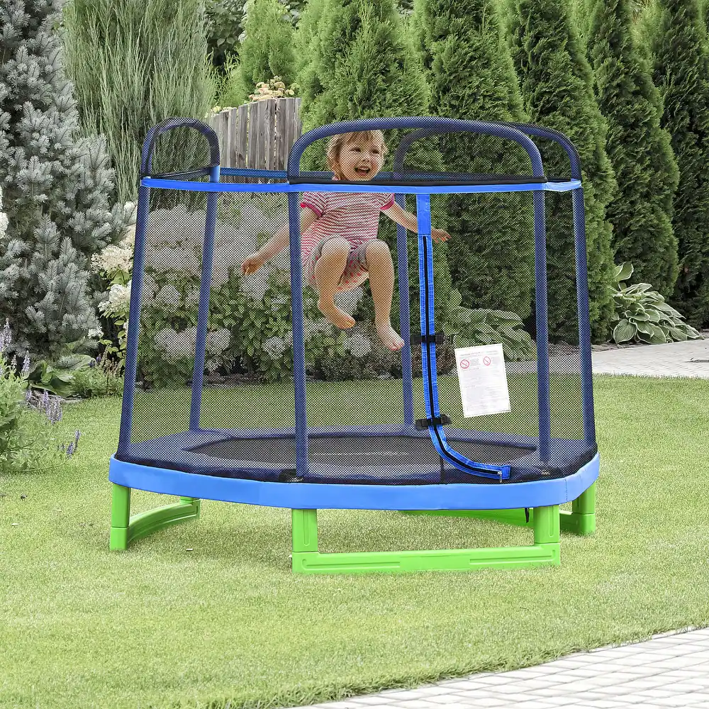 Outsunny 7FT Kids Trampoline Indoor Outdoor Bouncer Jumper w/ Security Enclosure Net Spring Gym Play Children for 3-12 Years Old