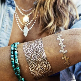 Flash Tattoos Zahra Authentic Metallic Temporary Jewelry Tattoos 4 Sheet Pack (Black/gold/silver) includes over 31 tattoos