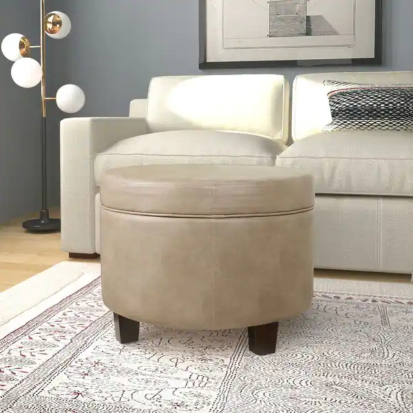 HomePop Round Faux Leather Storage Ottoman - Taupe