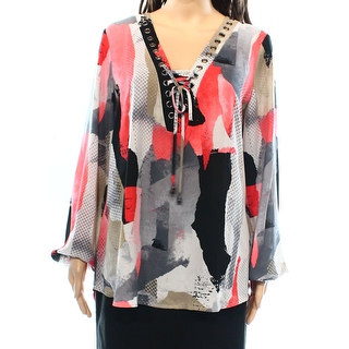 Alfani NEW Pink Gray Women's Size 10 Printed Lace-Up Seamed Blouse