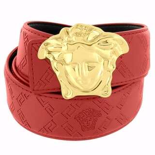 Medusa Face Buckle Red Leather Belt Greek Design 46" Gold Tone 37mm