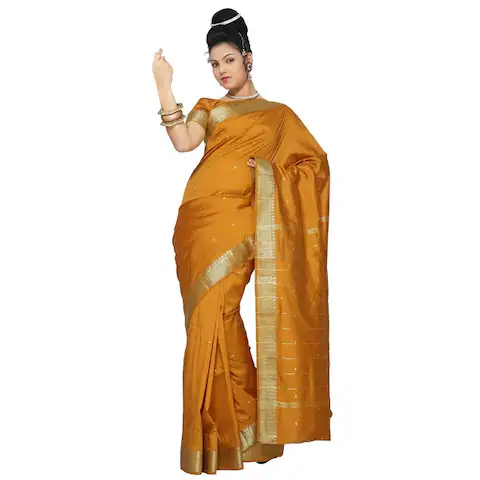 Mustard Art Silk Saree Sari fabric India Golden Border
