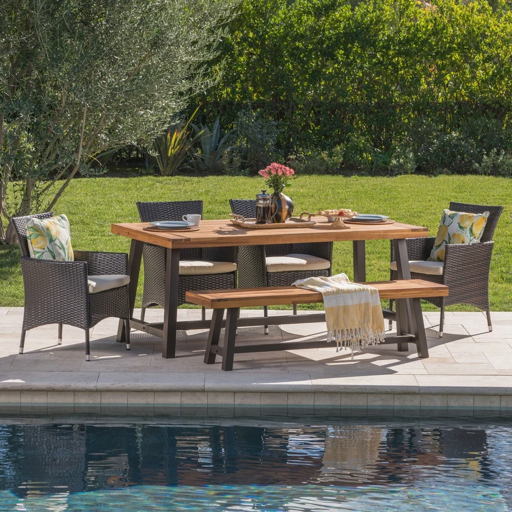 Linden Outdoor 6 Piece Rustic Iron and Acacia Wood Dining Set by Christopher Knight Home