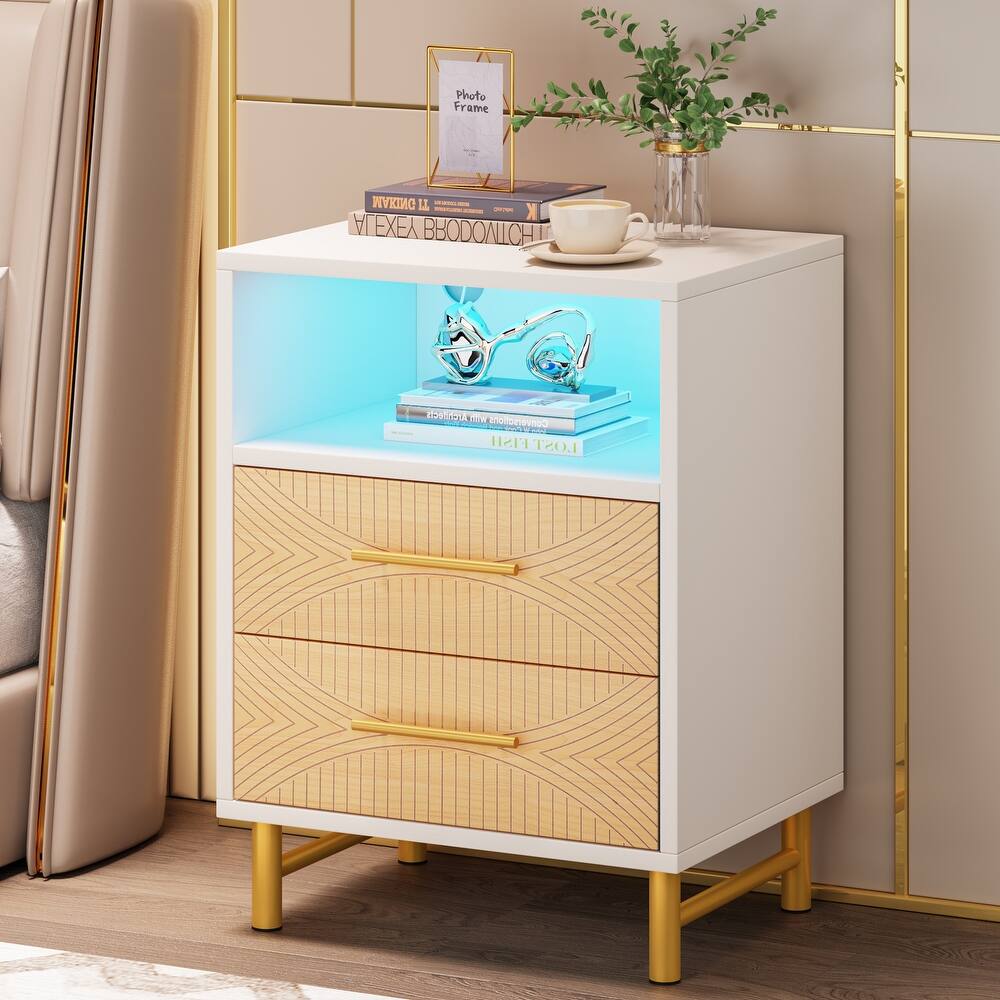 Nightstand with 8 color LED Lighting,Bedside End Table with Drawers and Open Storage Area