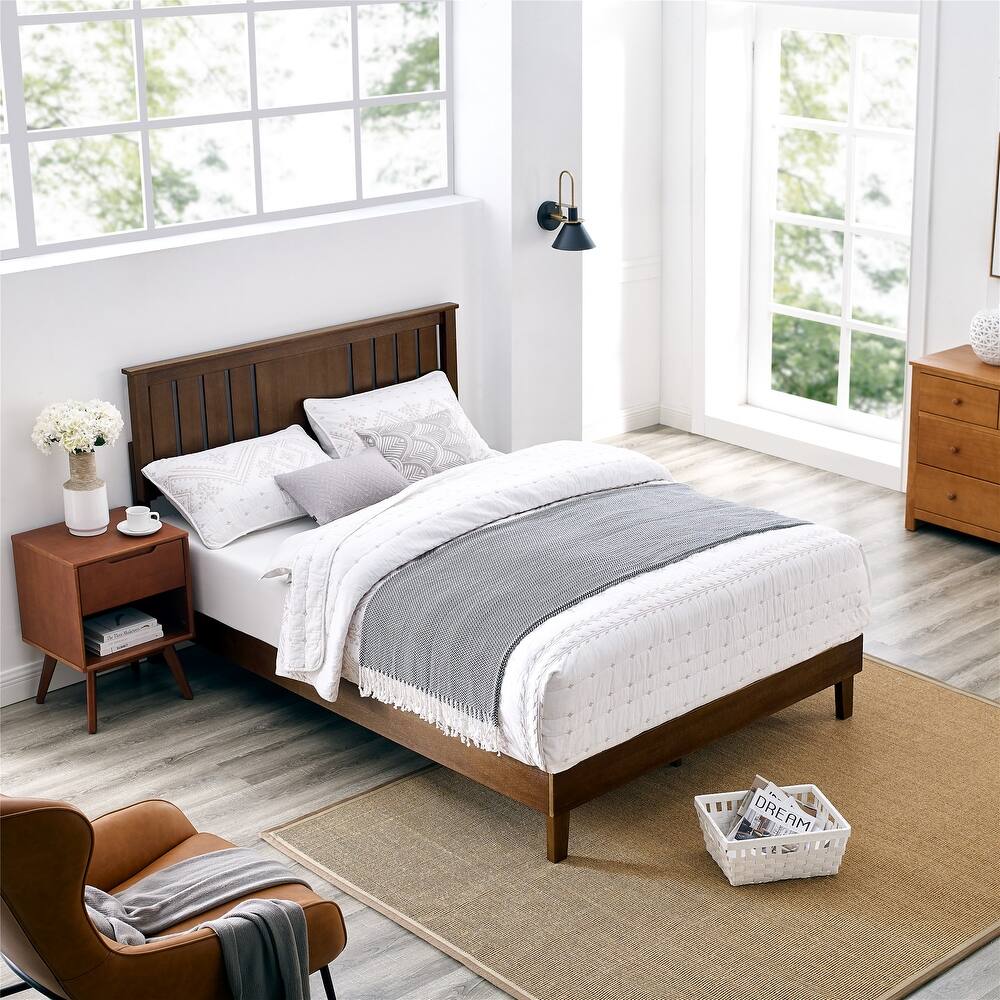 MUSEHOMEINC Mid-Century Modern Solid Wooden Platform Bed with Adjustable Height Headboard for Bedroom,Wood Slat Support