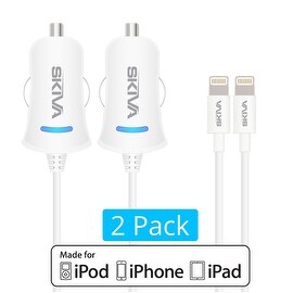 [2-Pack] Skiva PowerFlow (10W / 2.1Amp) Rapid iPhone Car Charger with integrated 3.2ft 8-pin Apple Certified Lightning Cable