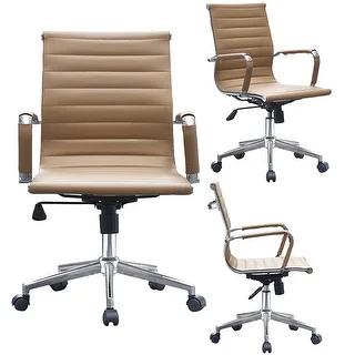 2xhome Tan Executive Ergonomic Mid Back Eames Office Chair Ribbed PU Leather Adjustable for Manager Conference Computer Desk