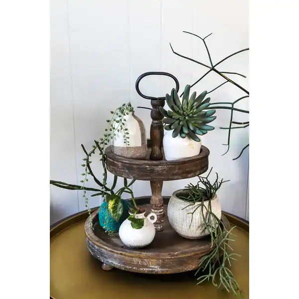 Distressed Wood 2-Tier Tray with Metal Handle