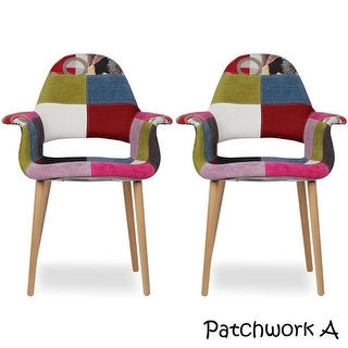 2xhome - Set of Two (2) - Multi-color A Fabric - Upholstered Organic Armchair Arm Chair Fabric Chair Patchwork Natural Wood Legs