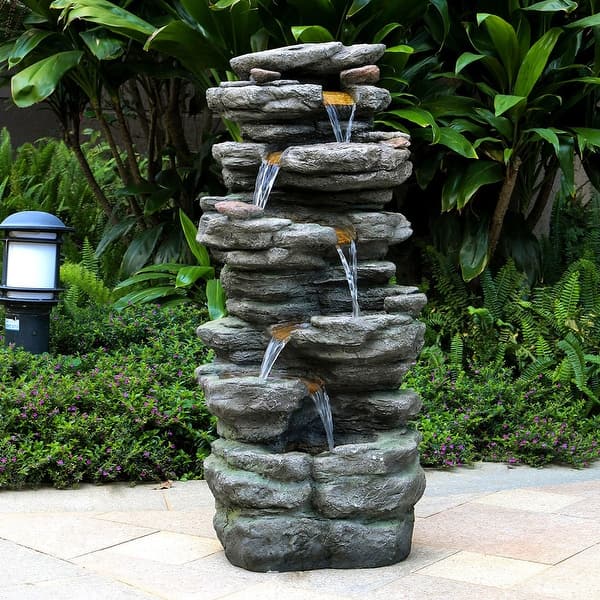 Outdoor 6-tier Rock Cascading Water Fountain with LED Lights