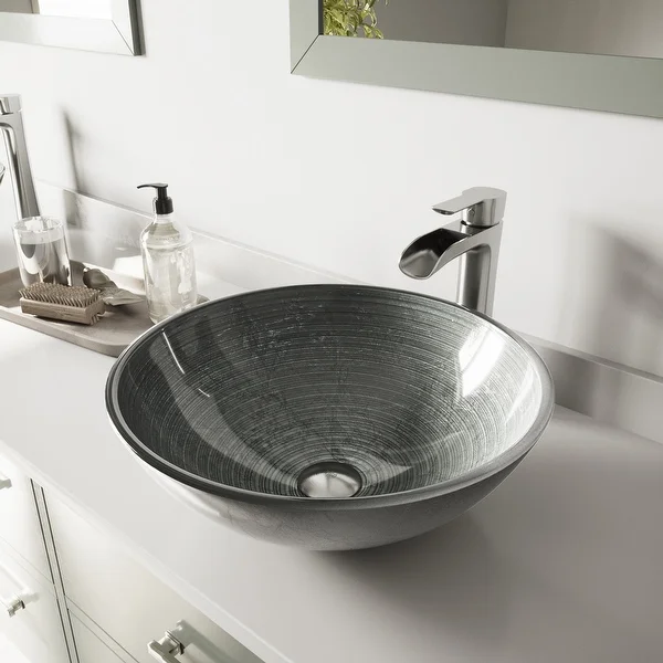 VIGO Simply Silver Glass Vessel Bathroom Sink Set with Niko Faucet. Opens flyout.