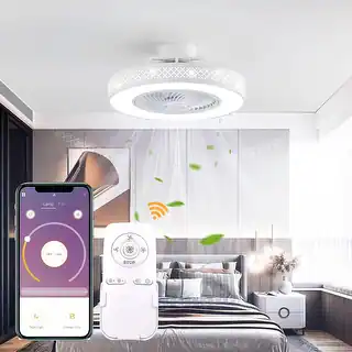 19.6 in Modern White Led Ceiling Fan Flush Mount with Light Remote Control Dimmable
