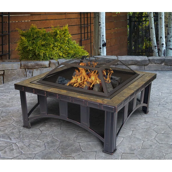 Outdoor Leisure Products 30 inch Square Steel Firepit with Decorative Slate Hearth and Oil Rubbed Bronze Finish