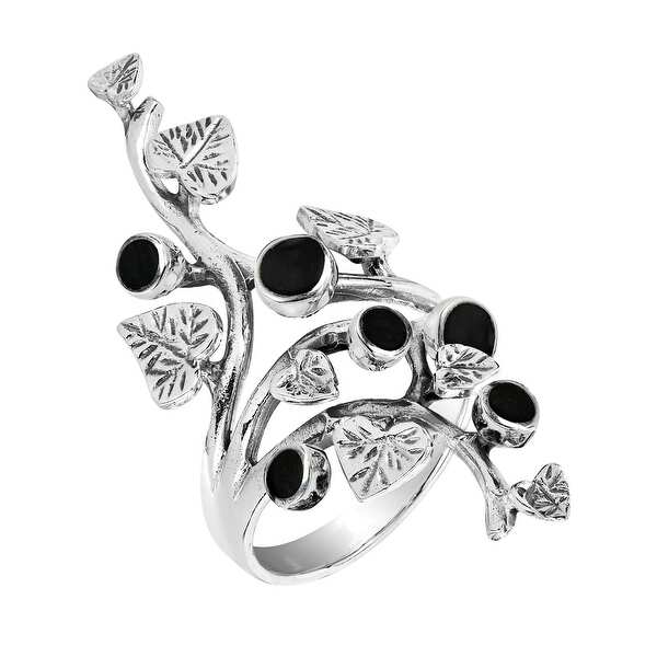 Handmade Beautiful Vine Leaf Round Black Onyx Sterling Silver Ring (Thailand). Opens flyout.