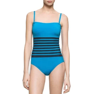 Calvin Klein Womens Mesh Inset Bandeau One-Piece Swimsuit Cyan Blue