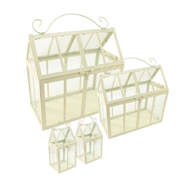 Set of 4 Gold and Antique-White Brushed Metal Nesting Outdoor Greenhouse Terrariums 8.25"-12"
