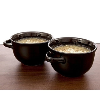CrockPot Double Handle Ceramic Soup Bowls Savory Sip, Set Of 2, Black, 22 Ounces