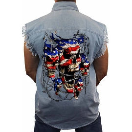 Men's Sleeveless Denim Shirt USA Flag Skulls In Chains Stars & Stripes American