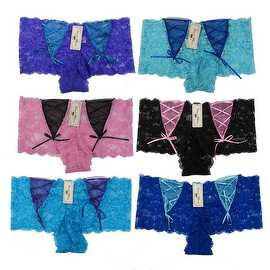 Women's 6 Pack Lace Contrast Color Ribbon Cheeky Boyshorts Panties