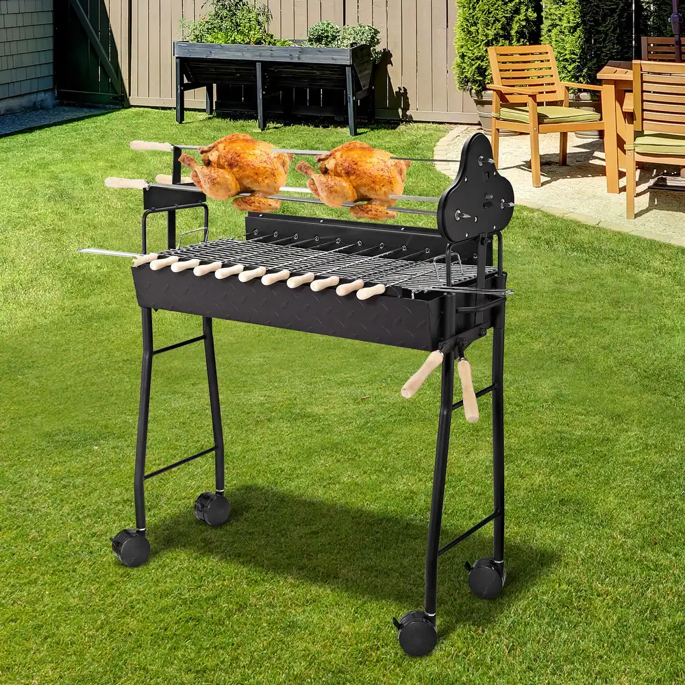 Outsunny Portable Rotisserie Charcoal BBQ Grill w/ Skewers and Wheels - 14.2" L x 33.5" W x 35.4" H