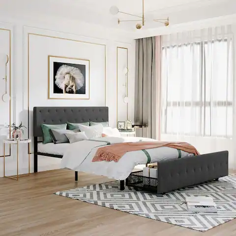 Queen Size Storage Bed Metal Platform Bed with a Big Drawer By Aoolive