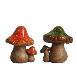 Set of 2 Green and Orange Mottled Double Mushroom Outdoor Garden Patio Statue 11"
