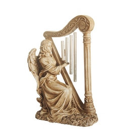 16" Seated Angel Playing Harp Outdoor Patio Garden Wind Chime Statue