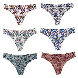 Women's 6 Pack Leopard/Cheetah Print Laser Cut No-Show Thong Panties