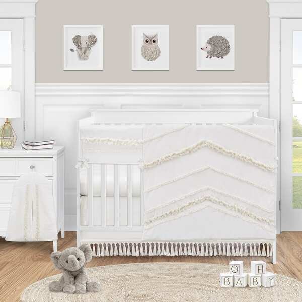 Ivory Gender Neutral Boho Bohemian Collection Girl Boy 5pc Nursery Crib Bedding Set - Off White Farmhouse Chic Fringe Cotton