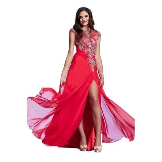 Mac Duggal Embellished Cap Sleeve High Slit Prom Evening Gown Dress - 0