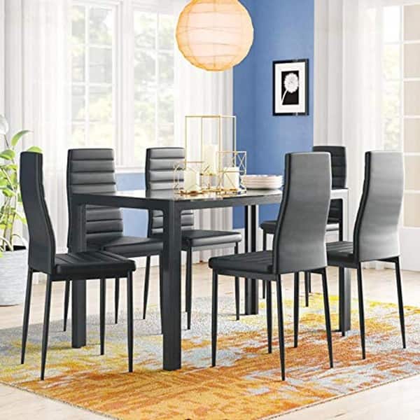 7 Piece Kitchen Room Furni Glass Top Dining Table Set