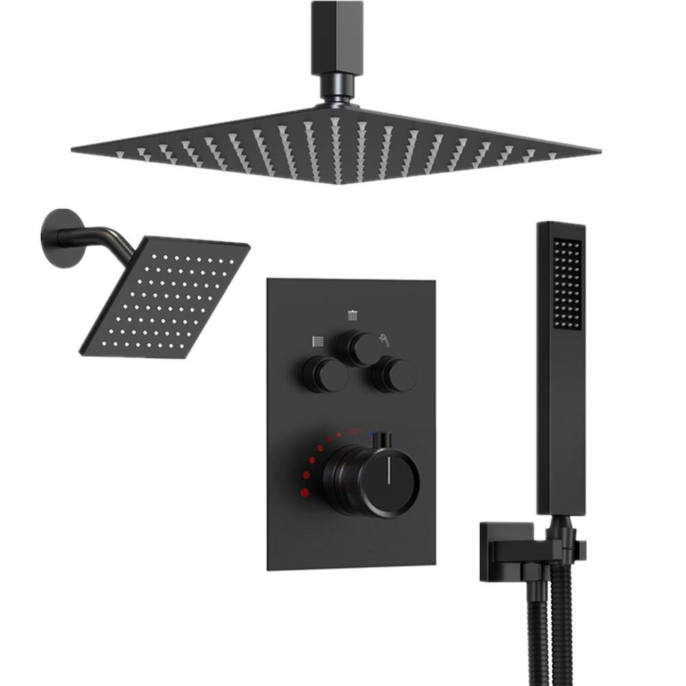 Dual Heads 12" Rainfall & High Pressure 6" Dual Cascade Shower System w/ 3 Way Thermostatic Faucet