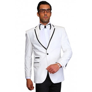 MZV-415 WHITE Men's Manzini Fancy white solid velvet with black satin trim on collar sport coat.