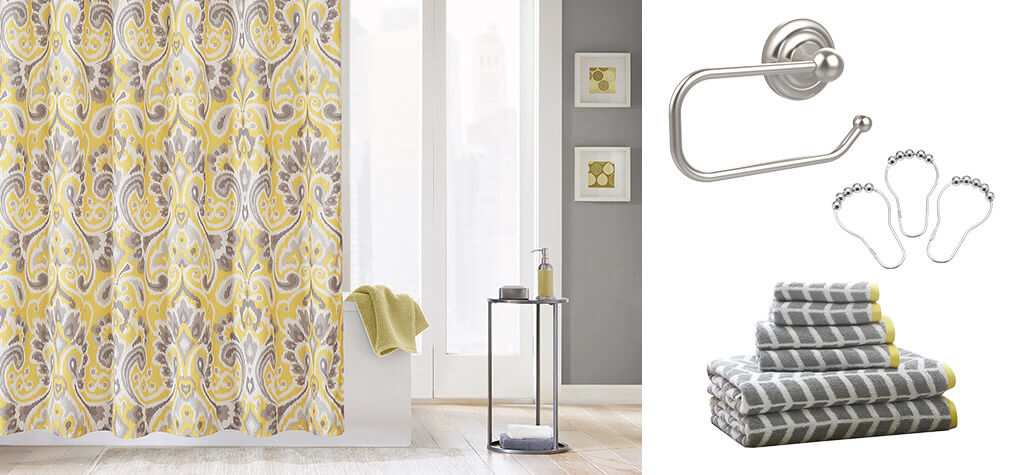A bathroom with a yellow ikat shower curtain, along with a collage of products:  shower hook rings, grey bath towels, and bathroom hardware. 