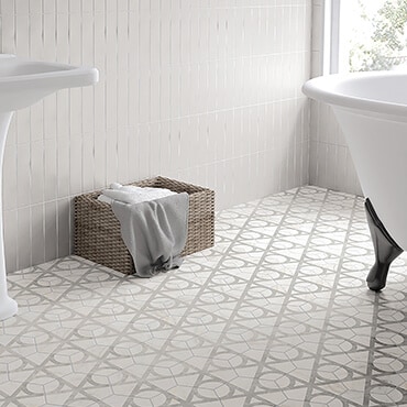 Porcelin bathroom tile with a gray and white design
