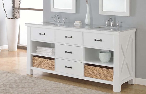 Double white vanity shown in bathroom with storage shelves underneath sink