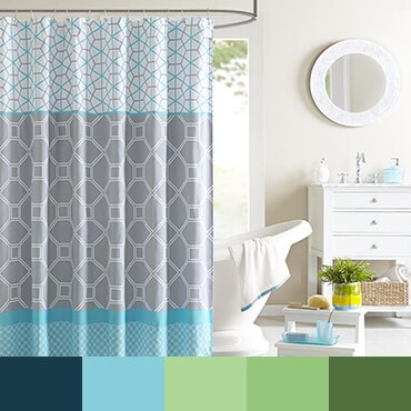 Blue and gray shower cutrain shown in bathroom with blue and green color palette
