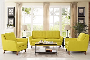 Living room with jute rug and yellow couches 