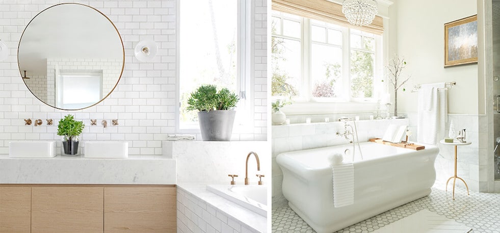Close up of white soaking tub with bathroom accessories 