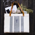 Personalized Grey Stitched Stripe Canvas Tote with Leather Handles