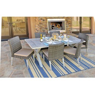 the-Hom Lindmere 7-piece Antique Grey Hard Wood/ Grey All-weather Wicker Patio Dinning Set with Beige Cushions