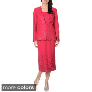 Mia-Knits Collections Women's Rhinestone and Glitter Scroll 3-piece Skirt Suit
