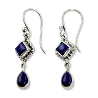 Handmade Sterling Silver Queen of Diamonds Lapis Lazuli Dangling Earrings (India)