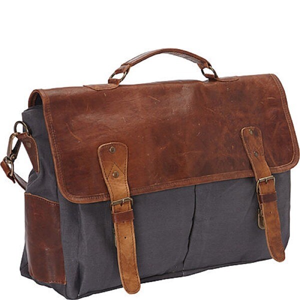 Sharo Large Canvas and Leather Laptop Computer Brief and Messenger Bag