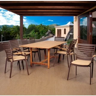 Amazonia Teak Clemson 9-piece Cast Aluminum/ Teak Extendable Rectangular Patio Dining Set with Tan Cushions