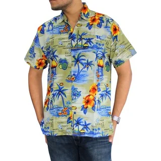 La Leela Men's Hawaiian Paradise Print Button-down Shirt Beach Swim Camp