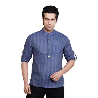 Shatranj Men's Kurta Tunic Banded Collar Multi-stripe Shirt (India)