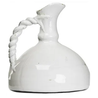 Distressed White Ceramic Semi Circle Pitcher with Rope-like Handle