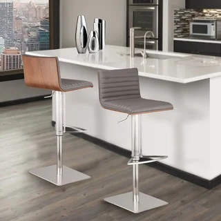 Armen Living Cafe Adjustable Brushed Stainless Steel Grey Barstool with Walnut Back